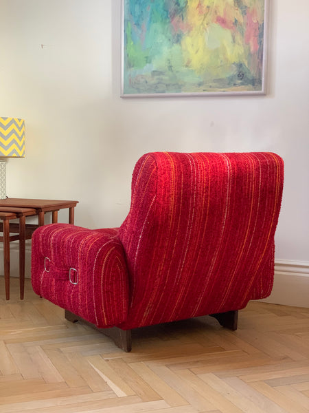 Vintage red wool upholstered lounge chair