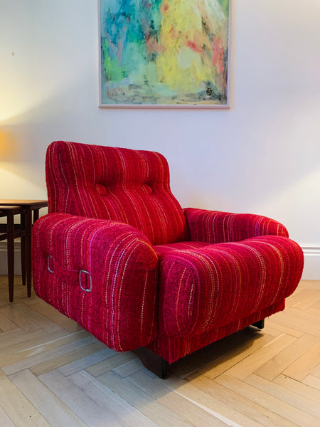 Vintage red wool upholstered lounge chair