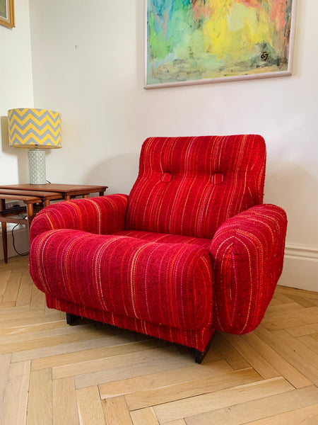 Vintage red wool upholstered lounge chair