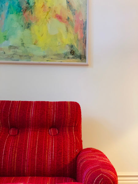 Vintage red wool upholstered lounge chair