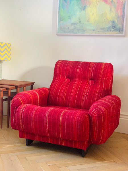 Vintage red wool upholstered lounge chair
