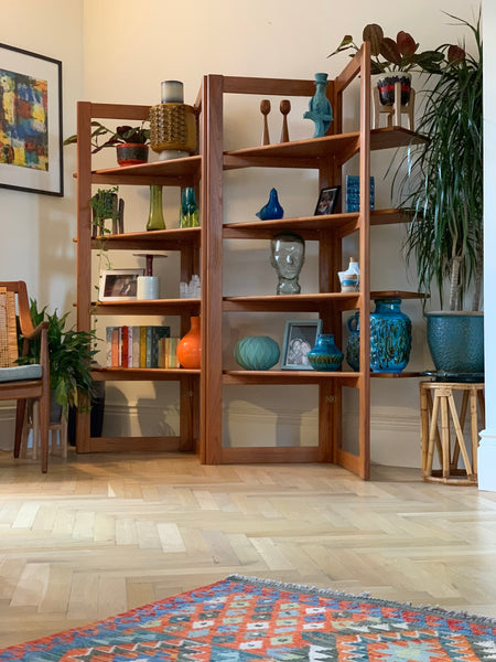 Teak and brass collapsible room divider / shelving unit