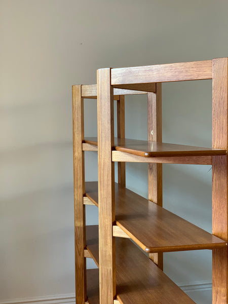 Teak and brass collapsible room divider / shelving unit