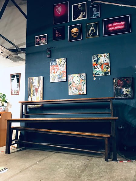 Industrial timber and steel dining table and benches