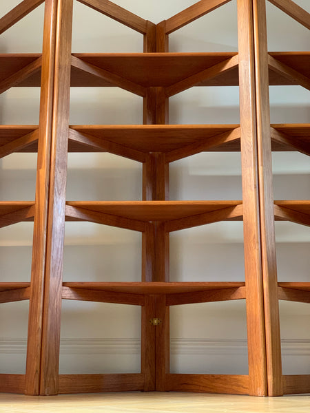 Teak and brass collapsible room divider / shelving unit