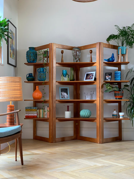 Teak and brass collapsible room divider / shelving unit