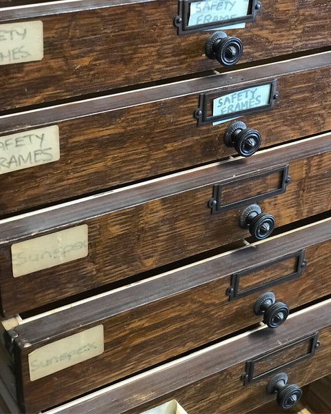 Large bank of oak drawers • antique • vintage