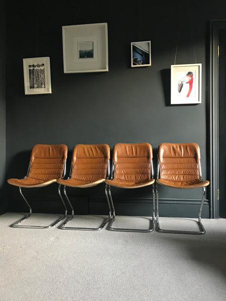 Tan leather and chrome cantilever 70s Italian chairs