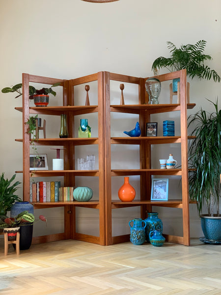 Teak and brass collapsible room divider / shelving unit