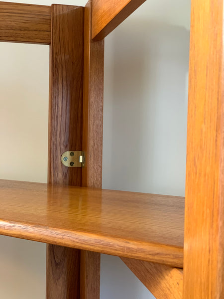 Teak and brass collapsible room divider / shelving unit