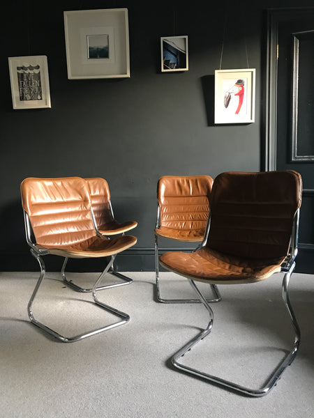 Tan leather and chrome cantilever 70s Italian chairs