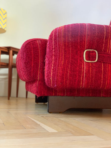 Vintage red wool upholstered lounge chair