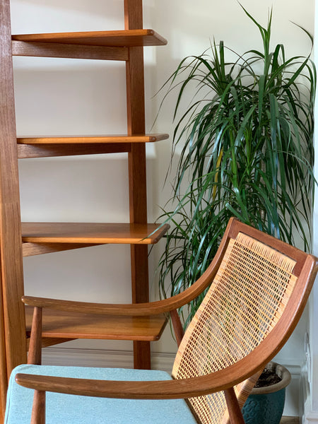 Teak and brass collapsible room divider / shelving unit