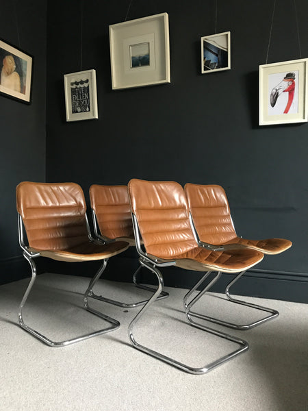Tan leather and chrome cantilever 70s Italian chairs
