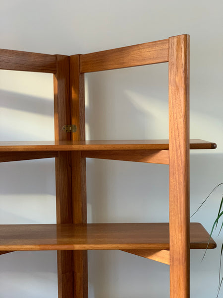 Teak and brass collapsible room divider / shelving unit